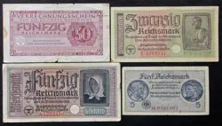 LOT OF 50,5,20,50 WW2 REICHSMARK NAZI GERMANY CURRENCY GERMAN BANKNOTES
