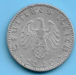 GERMANY WW2 THIRD REICH SWASTIKA EAGLE 1940 A 50 RPF SWASTIKA COIN WW2 ERA #32