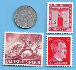 GERMANY WW2 1941 A 5 RPF SWASTIKA COIN & HITLER SWASTIKA STAMP LOT WW2 ERA  #32