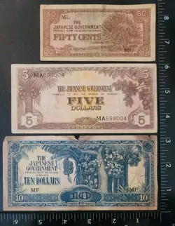 WW2 JAPANESE GOVERNMENT OCCUPIED MALAYA AND BORNEO  PAPER MONEY LOT OF 3 BILLS