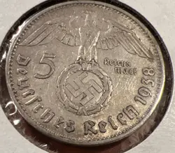1938 A WW2  5 MARK GERMAN SILVER COIN (1) THIRD REICH  REICHSMARK XF
