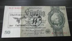 GERMAN 50 REICHSMARK BANKNOTE THIRD REICH WWII HAND STAMPED #100