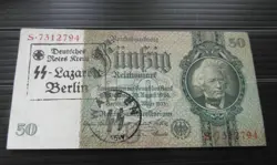 GERMAN 50 REICHSMARK BANKNOTE THIRD REICH WWII HAND STAMPED #98