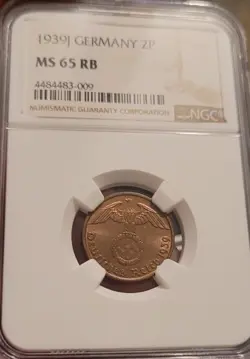 1939 J 2 REICHSPFENNIG NAZI GERMAN WW2 COIN NGC GRADED MS 65  RB