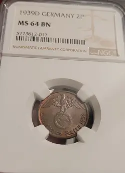 1939 D 2 REICHSPFENNIG NAZI GERMAN WW2 COIN.  NGC GRADED MS 64 BN