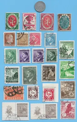 GERMANY WW2 1940 A 5 RPF SWASTIKA COIN & HITLER MIXED STAMP LOT WW2 ERA  #58