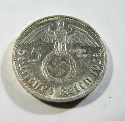 GERMANY 3RD REICH WW2 SILVER  1938 G 5 REICHSMARK  WITH SWASTIKA AU
