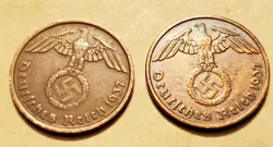 GERMANY 1937 A  1937 D  2  REICHSPFENNIG   COIN 3RD REICH WW2 PFENNIG RP