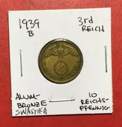 1939B GERMANY THIRD REICH SWASTIKA WORLD WAR 2! 10 PFENNIG! SWASTIKA! OLD COIN!