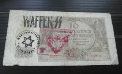 GERMAN POLAND OCCUPATION BANKNOTE, 10 ZLOTYCH, THIRD REICH WWII HAND STAMPED #87