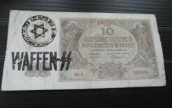 GERMAN POLAND OCCUPATION BANKNOTE, 10 ZLOTYCH, THIRD REICH WWII HAND STAMPED #88