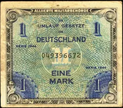 ONE MARK ALLIED MILITARY AUTHORITY 1944 WW 2 PAPER MONEY AUTHENTIC NO. 049396672