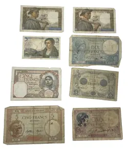 LOT OF 8 VINTAGE ASSORTED WW2 FRANCE PAPER MONEY BANKNOTES CURRENCY BILLS