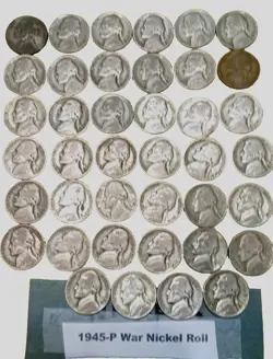 1945-P JEFFERSON NICKEL ROLL 40 SILVER WORLD WAR 2 ERA. NICKELS ALL  SOLID DATE.