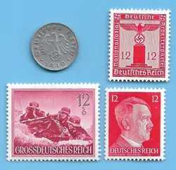 GERMANY WW2 1940 B 1 RPF SWASTIKA COIN & HITLER SWASTIKA STAMP LOT WW2 ERA  #60