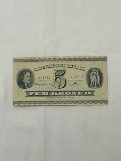 WORLD WAR 2 CURRENCY NOTE DENMARK 5 KRONER BANKNOTE