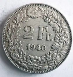 1940 SWITZERLAND 2 FRANCS - WW2 ERA SILVER COIN - LOT #D26