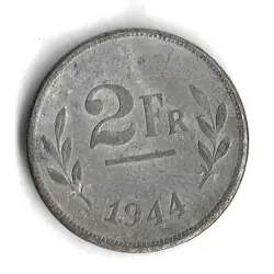1944 BELGIUM 2 FRANCS WW2 ERA WORLD COIN - KM# 133