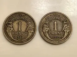 1937 & 1939  VICHY FRANCE 1 FRANC OLD ANTIQUE WW2 EUROPEAN FOREIGN WORLD COINS