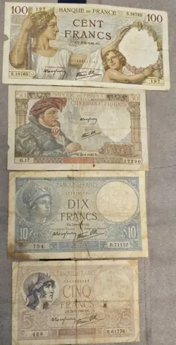 VINTAGE WW2 WWII 1939-41 4 PCS. FRANCE PAPER MONEY WORLD CURRENCY BANKNOTES