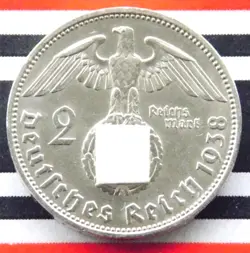 GERMAN 2 REICHSMARK 1938 J SWASTIKA HINDENBURG SILVER COIN 3RD WW2 + UNC + MARK