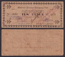 US PHILIPPINES 10P MOUNTAIN PROVINCE  COUNTERSIGNED PNB EMERGENCY WW2 NOTE