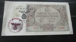 GERMAN POLAND OCCUPATION BANKNOTE, 10 ZLOTYCH, THIRD REICH WWII HAND STAMPED #91