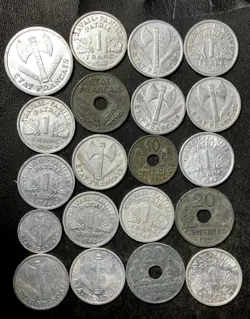 OLD VICHY FRANCE COIN LOT - 20 HISTORIC WW2 ERA OCCUPATION COINS - LOT #D28