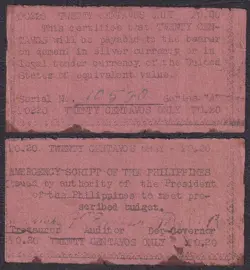 1943 US PHILIPPINES APAYAO 20 CENTAVOS WW2 EMERGENCY SCRIPT NOTE #S122 
