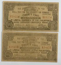 PHILIPPINES 1942 25 CENTAVOS (#792) EMERGENCY WW2 CURRENCY 2PCS. CONSECUTIVE NUM