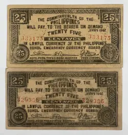 PHILIPPINES 1942 25 CENTAVOS (#791) EMERGENCY WW2 CURRENCY 2PCS. DECENT NOTES.