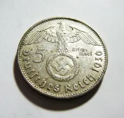 GERMANY 3RD REICH WW2 SILVER  1936 J 5 REICHSMARK  WITH SWASTIKA