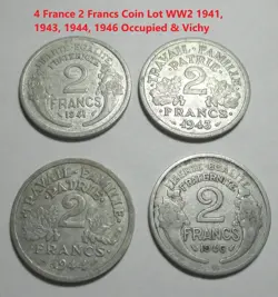 4 FRANCE 2 FRANCS  COIN LOT 1941, 1943, 1944, 1946 WW2 OCCUPIED & VICHY KM886A