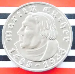 GERMAN 5 REICHSMARK 1933 D MARTIN LUTHER SILVER COIN 3RD REICH WW2 + RARE + MARK