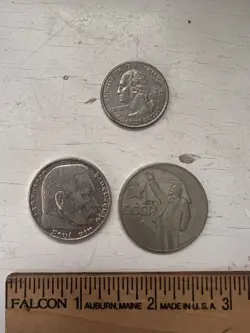 THIRD REICH WW2 GERMAN 5 REICHSMARK 1938 HINDENBURG COIN & SOVIET USSR 1-RUBLE