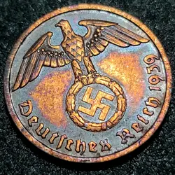 1939-F NAZI GERMANY *BEAUTIFULLY TONED* GENUINE WW2-ERA 2 REICHSPFENNIG COIN