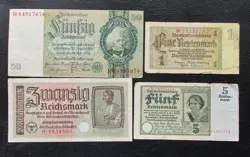 LOT OF 50,20,5,1 WW2 REICHSMARK NAZI GERMANY CURRENCY GERMAN BANKNOTES