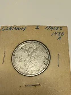 GERMAN COIN 2 REICHSMARK 1938 A SWASTIKA HINDENBURG SILVER 3RD REICH WW2 MARK