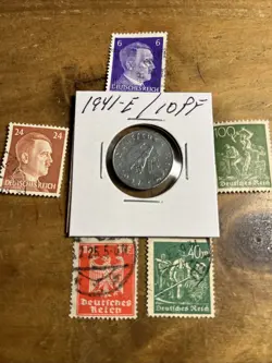 WW2 GERMAN NAZI 1941-E 10 PFENNIG NAZI COIN AND STAMPS SWASTIKA  M