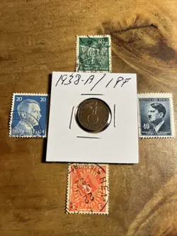 WW2 GERMAN NAZI 1938-A 1 PFENNIG NAZI COIN AND STAMPS SWASTIKA  M