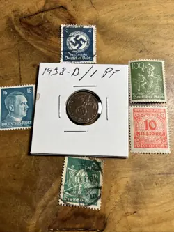 WW2 GERMAN NAZI 1938-D 1 PFENNIG NAZI COIN AND STAMPS SWASTIKA  M