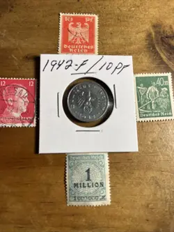 WW2 GERMAN NAZI 1942-F 10 PFENNIG NAZI COIN AND STAMPS SWASTIKA  M