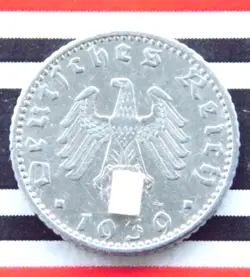 GERMAN COIN 50 REICHSPFENNIG 1939 A ALU SWASTIKA THIRD REICH WW2 + RARE+ PFENNIG