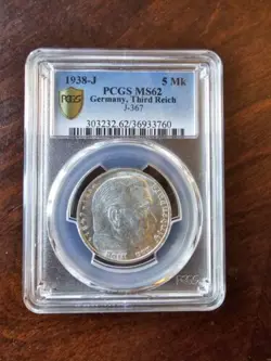 PCGS MS62 1938-J 5 MK REICHSMARK HINDENBURG J-367 THIRD REICH SILVER GERMANY WW2