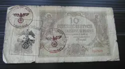GERMAN POLAND OCCUPATION BANKNOTE, 10 ZLOTYCH, THIRD REICH WWII HAND STAMPED #86