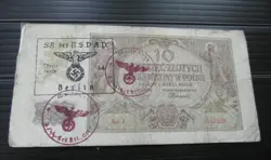 GERMAN POLAND OCCUPATION BANKNOTE, 10 ZLOTYCH, THIRD REICH WWII HAND STAMPED #90