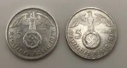 (2) 1939 GERMANY - 5 REICHSMARKS - WW2 THIRD REICH GERMAN - 90% SILVER
