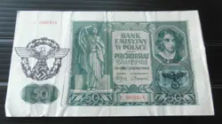 GERMAN POLAND OCCUPATION BANKNOTE, 50 ZLOTYCH, THIRD REICH WWII HAND STAMPED #91