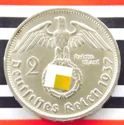 GERMAN COIN 2 REICHSMARK 1937 F SWASTIKA HINDENBURG SILVER 3RD REICH WW2 UNC MK