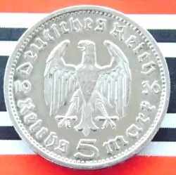 GERMAN 5 REICHSMARK 1936 E EAGLE HINDENBURG SILVER COIN 3RD REICH WW2 +RARE MARK